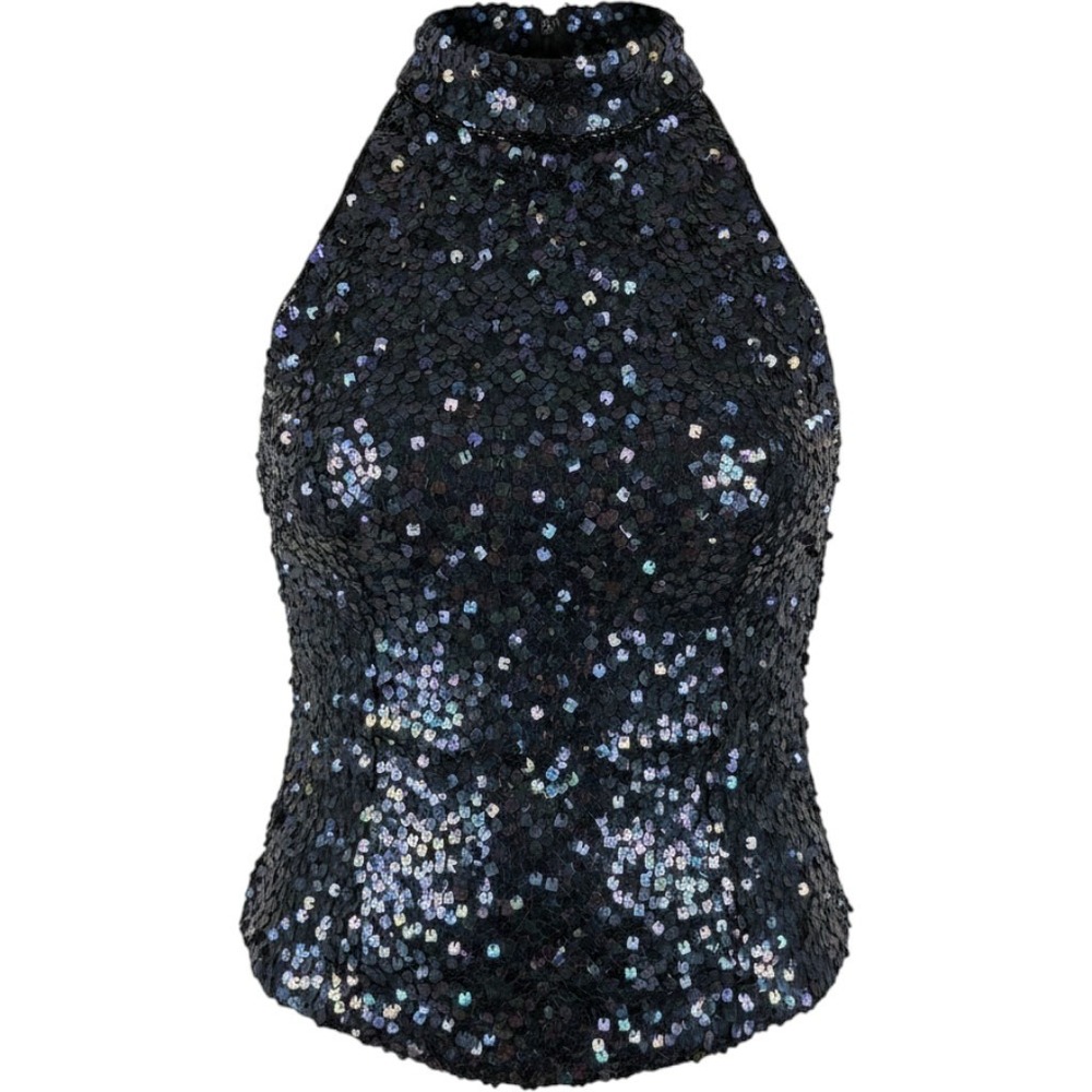 Papell Boutique Evening Iridescent Halter Silk Sequin Mock Neck Top, Size L -NWT